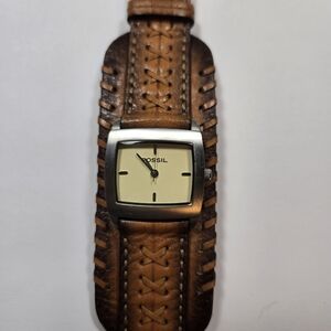 Vintage Fossil Wide Band Brown Leather Cuff Watch